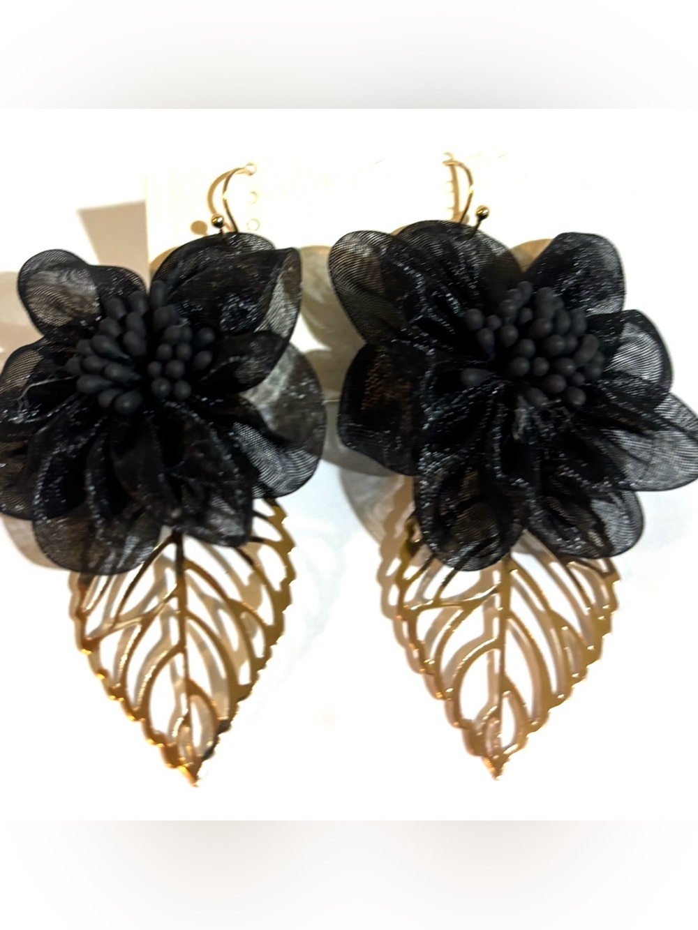 Black Floral Drop Earrings with Gold Leaf Accent